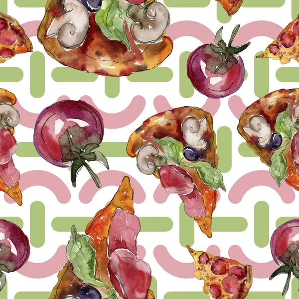 Gyorsétterem-itallian pizza ízletes ételeket. Akvarell háttér illusztráció meg. Folytonos háttérmintázat. — Stock Fotó