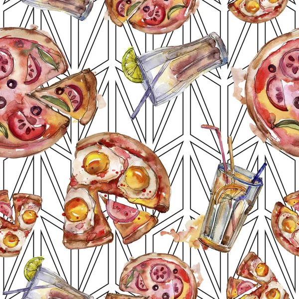 Fast Food italienische Pizza leckeres Essen. Aquarell Hintergrundillustration Set. nahtloses Hintergrundmuster. — Stockfoto