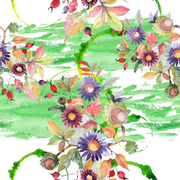 Aster i Wildflower bukiet kwiatowy kwiatów botanicznych. Zestaw ilustracji akwarela. Płynny wzór tła. — Zdjęcie stockowe