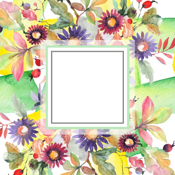 アスターとワイルドフラワーの花束植物の花。●水彩背景イラストセット。フレームボーダーオーナメント正方形. — ストック写真