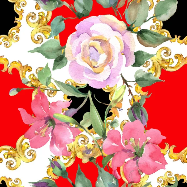 Różowa Róża Kwiaty Botaniczny Bukiet Wildflower Liść Wiosna Dzikiego Akwarela — Zdjęcie stockowe