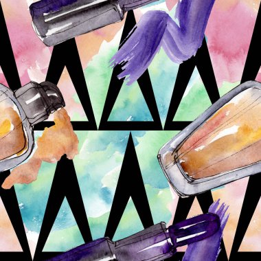 Makyaj kozmetik kroki moda glamour illüstrasyon ayarlayın. Giysi aksesuarları kıyafet ayarlayın. Suluboya seti. Suluboya çizim kova. Kusursuz arka plan deseni. Kumaş duvar kağıdı baskı doku.