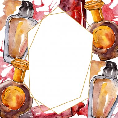 Makyaj kozmetik kroki glamour illüstrasyon ayarlayın. Giysi aksesuarları trendy vogue kıyafet ayarlayın. Suluboya arka plan seti. Suluboya çizim moda aquarelle. Çerçeve kenarlık süs karesi.