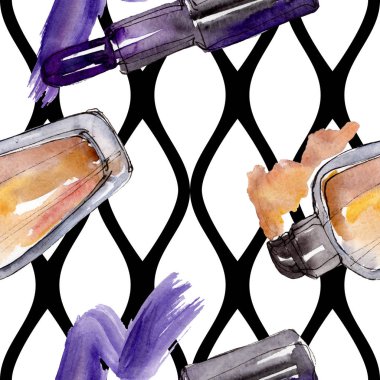 Makyaj kozmetik kroki moda glamour illüstrasyon ayarlayın. Giysi aksesuarları kıyafet ayarlayın. Suluboya seti. Suluboya çizim kova. Kusursuz arka plan deseni. Kumaş duvar kağıdı baskı doku.