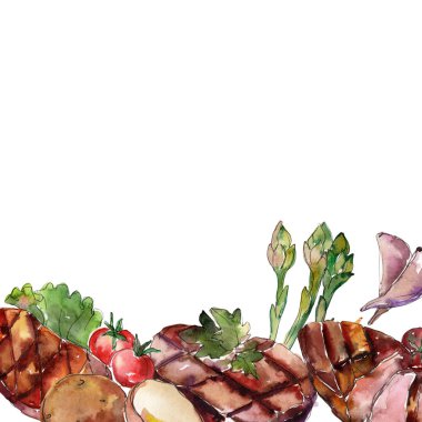 Izgara biftek lezzetli yemek. El çizilmiş barbekü et illüstrasyon. Suluboya arka plan illüstrasyon seti. Suluboya çizim moda aquarelle izole. Çerçeve kenarlık süs karesi.