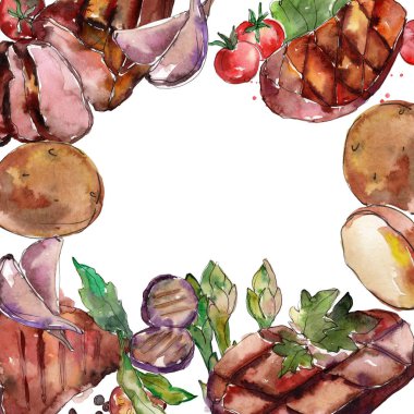 Izgara biftek lezzetli yemek. El çizilmiş barbekü et illüstrasyon. Suluboya arka plan illüstrasyon seti. Suluboya çizim moda aquarelle izole. Çerçeve kenarlık süs karesi.