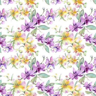 Orkide buketleri botanik çiçekler. Yabani bahar yaprağı kır çiçeği. Suluboya illüstrasyon seti. Suluboya çizim moda aquarelle. Kusursuz arka plan deseni. Kumaş duvar kağıdı baskı doku.
