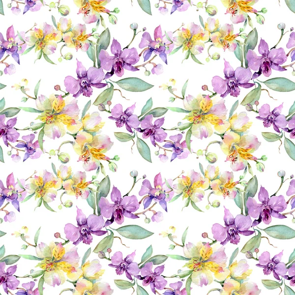 Orkide buketleri botanik çiçekler. Yabani bahar yaprağı kır çiçeği. Suluboya illüstrasyon seti. Suluboya çizim moda aquarelle. Kusursuz arka plan deseni. Kumaş duvar kağıdı baskı doku.