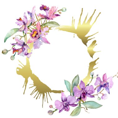 Orkide buketleri çiçek botanik çiçekler. Yabani bahar yaprağı kır çiçeği izole. Suluboya arka plan illüstrasyon seti. Suluboya çizim moda aquarelle izole. Çerçeve kenarlık süs karesi.