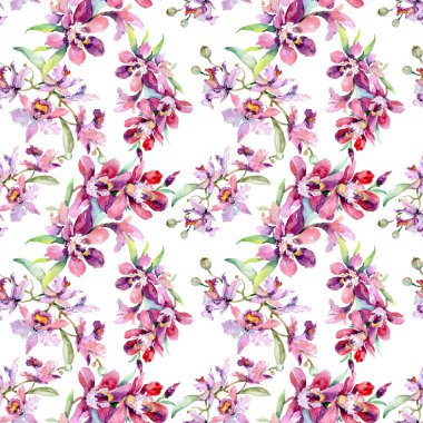 Orkide buketleri botanik çiçekler. Yabani bahar yaprağı kır çiçeği. Suluboya illüstrasyon seti. Suluboya çizim moda aquarelle. Kusursuz arka plan deseni. Kumaş duvar kağıdı baskı doku.