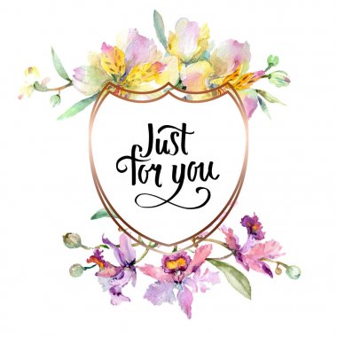 Orkide buketleri çiçek botanik çiçekler. Yabani bahar yaprağı kır çiçeği izole. Suluboya arka plan illüstrasyon seti. Suluboya çizim moda aquarelle izole. Çerçeve kenarlık süs karesi.