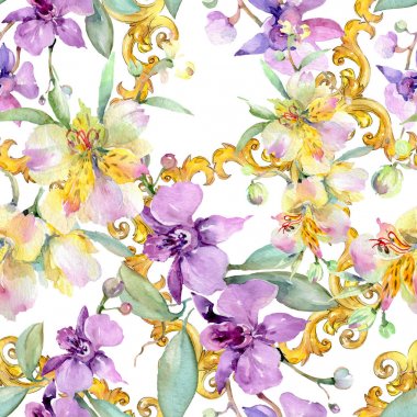 Orkide buketleri botanik çiçekler. Yabani bahar yaprağı kır çiçeği. Suluboya illüstrasyon seti. Suluboya çizim moda aquarelle. Kusursuz arka plan deseni. Kumaş duvar kağıdı baskı doku.
