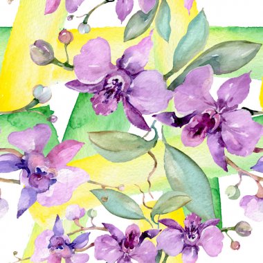 Orkide buketleri botanik çiçekler. Yabani bahar yaprağı kır çiçeği. Suluboya illüstrasyon seti. Suluboya çizim moda aquarelle. Kusursuz arka plan deseni. Kumaş duvar kağıdı baskı doku.