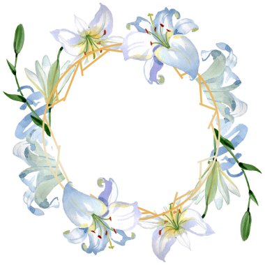 Beyaz zambak çiçek botanik çiçekler. Yabani bahar yaprağı kır çiçeği izole. Suluboya arka plan illüstrasyon seti. Suluboya çizim moda aquarelle. Çerçeve kenar kristal süs kare.