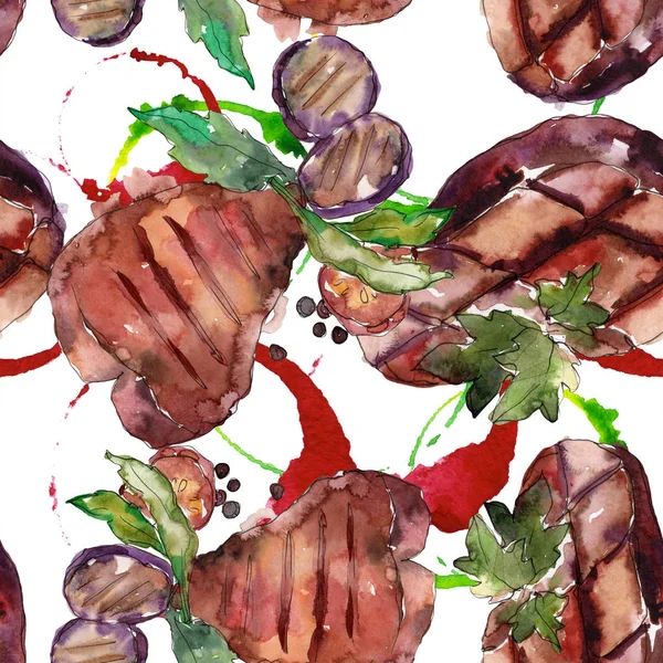 Grilled steak tasty food. Hand drawn barbeque meat illustration. Watercolor illustration set. Watercolour drawing fashion aquarelle. Seamless background pattern. Fabric wallpaper print texture.