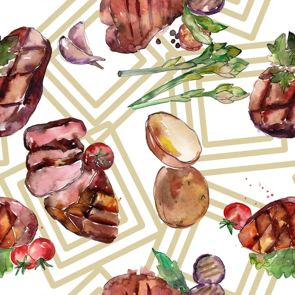 Grilled steak tasty food. Hand drawn barbeque meat illustration. Watercolor illustration set. Watercolour drawing fashion aquarelle. Seamless background pattern. Fabric wallpaper print texture.