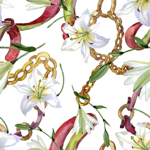 白いユリの花の植物の花 野生の春の葉の野生の花 水彩イラストセット 水彩画ファッションアクアレル シームレスな背景パターン ファブリック壁紙プリントテクスチャ — ストック写真