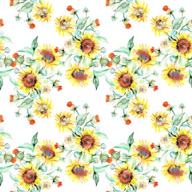 Sarı ayçiçeği çiçek botanik çiçekleri. Yabani bahar yaprağı kır çiçeği. Suluboya illüstrasyon seti. Suluboya çizim moda aquarelle. Kusursuz arka plan deseni. Kumaş duvar kağıdı baskı doku.