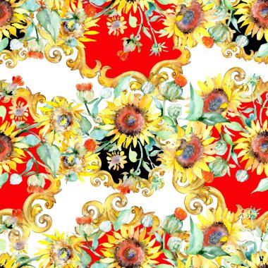 Sarı ayçiçeği çiçek botanik çiçekleri. Yabani bahar yaprağı kır çiçeği. Suluboya illüstrasyon seti. Suluboya çizim moda aquarelle. Kusursuz arka plan deseni. Kumaş duvar kağıdı baskı doku.