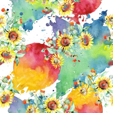 Sarı ayçiçeği çiçek botanik çiçekleri. Yabani bahar yaprağı kır çiçeği. Suluboya illüstrasyon seti. Suluboya çizim moda aquarelle. Kusursuz arka plan deseni. Kumaş duvar kağıdı baskı doku.