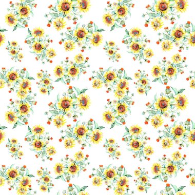 Sarı ayçiçeği çiçek botanik çiçekleri. Yabani bahar yaprağı kır çiçeği. Suluboya illüstrasyon seti. Suluboya çizim moda aquarelle. Kusursuz arka plan deseni. Kumaş duvar kağıdı baskı doku.
