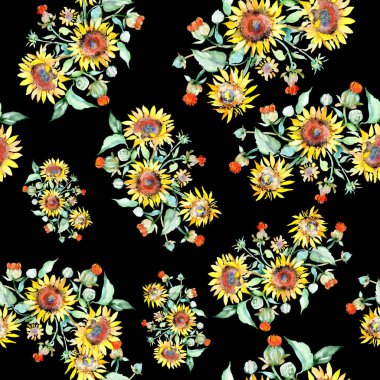 Sarı ayçiçeği çiçek botanik çiçekleri. Yabani bahar yaprağı kır çiçeği. Suluboya illüstrasyon seti. Suluboya çizim moda aquarelle. Kusursuz arka plan deseni. Kumaş duvar kağıdı baskı doku.