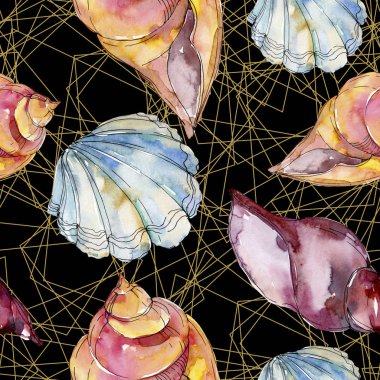 Yaz plaj deniz kabuğu tropikal sualtı elemanları. Suluboya arka plan illüstrasyon seti. Suluboya çizim moda aquarelle izole. Kusursuz arka plan deseni. Kumaş duvar kağıdı baskı doku.