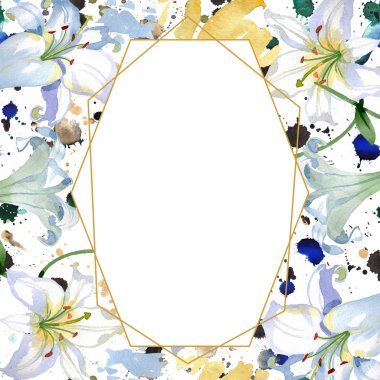 Beyaz zambak çiçek botanik çiçekler. Yabani bahar yaprağı kır çiçeği izole. Suluboya arka plan illüstrasyon seti. Suluboya çizim moda aquarelle. Çerçeve kenar kristal süs kare.