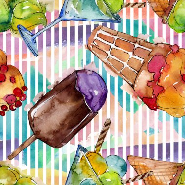 Sulu Boya stilinde lezzetli dondurma. Aquarelle şekerli tatlı şekilde ayarlayın. Sorunsuz arka plan deseni.