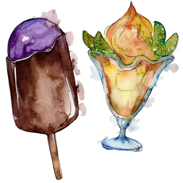 Tasty ice cream in a watercolor style. Aquarelle sweet dessert illustration set. Isolated desserts background element. — Stock Photo, Image