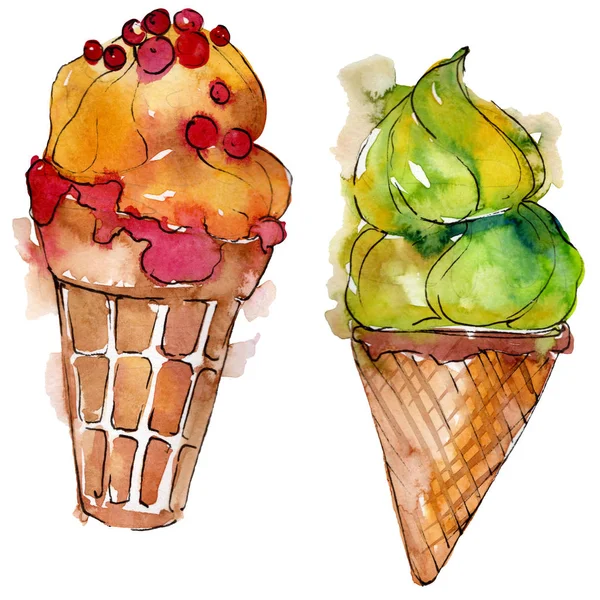 Crème glacée savoureuse dans un style aquarelle. Aquarelle set d'illustration de dessert sucré. Desserts isolés élément de fond . — Photo