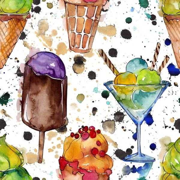 Leckeres Eis im Aquarell-Stil. Aquarell süßes Dessertillustrationsset. nahtloses Hintergrundmuster. — Stockfoto