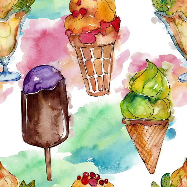 Gelato gustoso in stile acquerello. Set illustrazione dolce dolce Aquarelle. Modello di sfondo senza soluzione di continuità . — Foto Stock