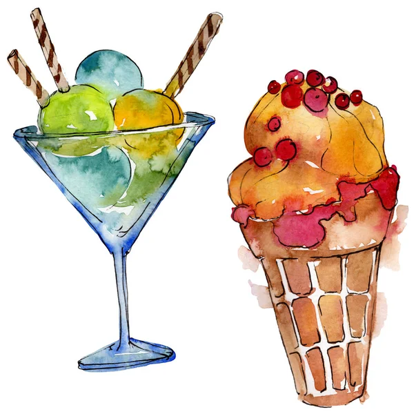 Crème glacée savoureuse dans un style aquarelle. Aquarelle set d'illustration de dessert sucré. Desserts isolés élément de fond . — Photo