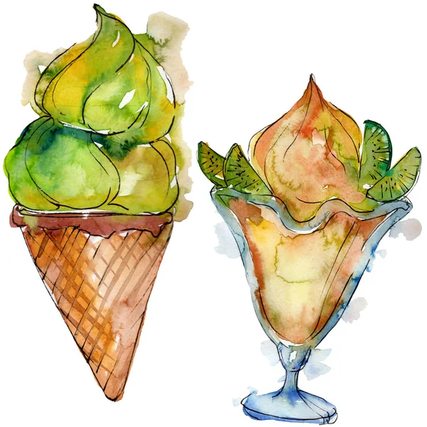 Läckra glass i akvarell stil. Aquarelle söt efterrätt illustration set. Isolerade desserter bakgrundselement. — Stockfoto