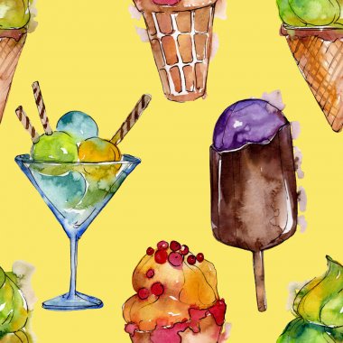 Sulu Boya stilinde lezzetli dondurma. Aquarelle şekerli tatlı şekilde ayarlayın. Sorunsuz arka plan deseni.