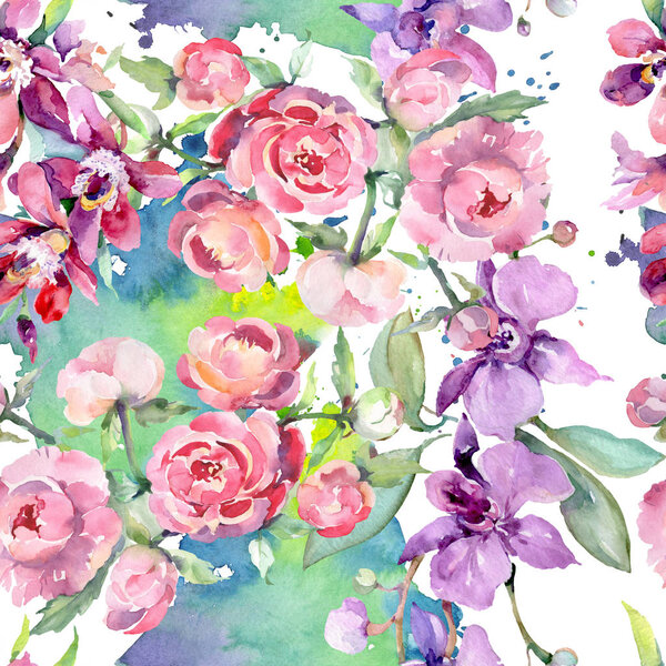 Bouquet with peony floral botanical flowers. Watercolor background illustration set. Seamless background pattern.