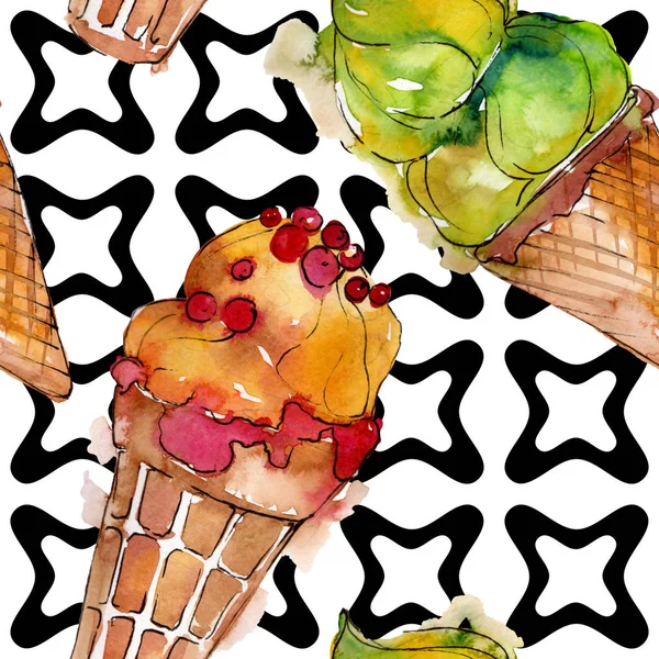 Tasty ice cream in a watercolor style. Aquarelle sweet dessert illustration set. Seamless background pattern.