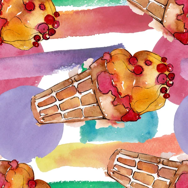 Leckeres Eis im Aquarell-Stil. Aquarell süßes Dessertillustrationsset. nahtloses Hintergrundmuster. — Stockfoto