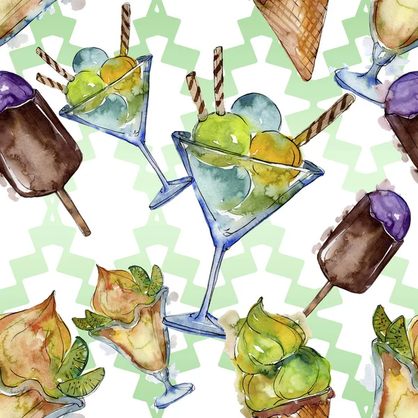 Tasty ice cream in a watercolor style. Aquarelle sweet dessert illustration set. Seamless background pattern. — Stock Photo, Image