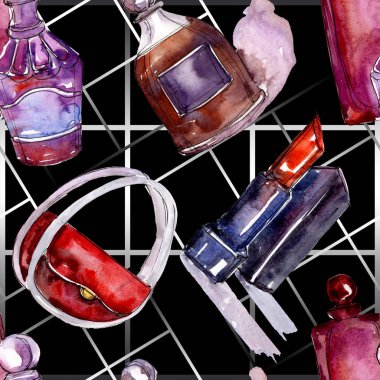 Moda kroki glamour çizimde bir suluboya stil izole öğesi. Sorunsuz arka plan deseni.