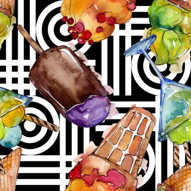 Sulu Boya stilinde lezzetli dondurma. Aquarelle şekerli tatlı şekilde ayarlayın. Sorunsuz arka plan deseni.