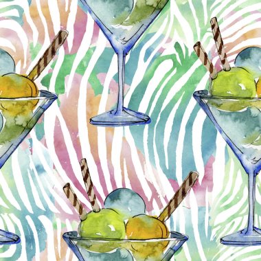 Sulu Boya stilinde lezzetli dondurma. Aquarelle şekerli tatlı şekilde ayarlayın. Sorunsuz arka plan deseni.