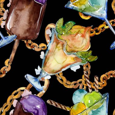 Sulu Boya stilinde lezzetli dondurma. Aquarelle şekerli tatlı şekilde ayarlayın. Sorunsuz arka plan deseni.