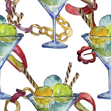 Sulu Boya stilinde lezzetli dondurma. Aquarelle şekerli tatlı şekilde ayarlayın. Sorunsuz arka plan deseni.