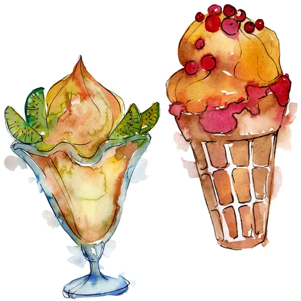 Smaczne lody w stylu przypominającym akwarele. Aquarelle słodki deser ilustracja zestaw. Desery na białym tle elementu. — Zdjęcie stockowe