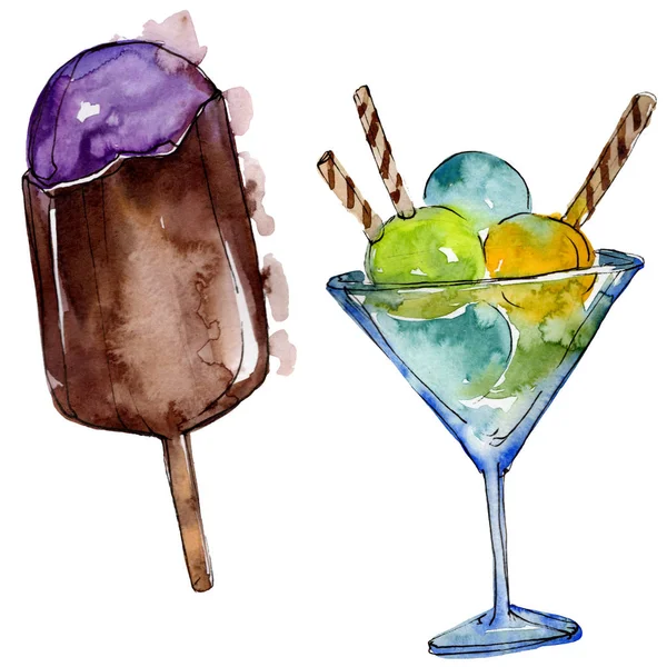 Leckeres Eis im Aquarell-Stil. Aquarell süßes Dessertillustrationsset. isolierte Desserts Hintergrundelement. — Stockfoto