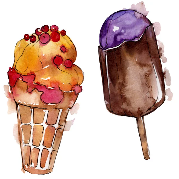 美味的水彩画式冰淇淋。水仙甜甜点插画套。独立的甜点背景元素. — 图库照片