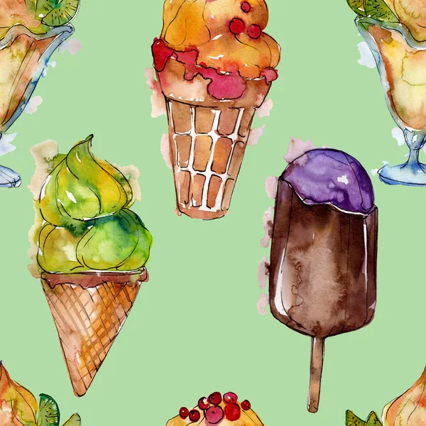 Смачне морозиво в акварельному стилі. Набір ілюстрацій для солодкого десерту Aquarelle. Безшовний візерунок тла . — стокове фото