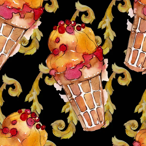 Sabroso helado en un estilo acuarela. Aquarelle dulce postre ilustración conjunto. Patrón de fondo sin costuras . —  Fotos de Stock